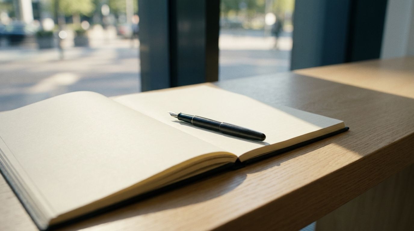 A long boardroom table under a lit ceiling, each place set with a folder and a chair drawn in.