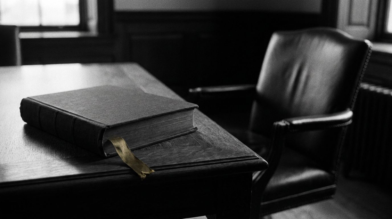 A single closed ledger with one ribbon marker on a dark boardroom table, an empty leather chair beside it.