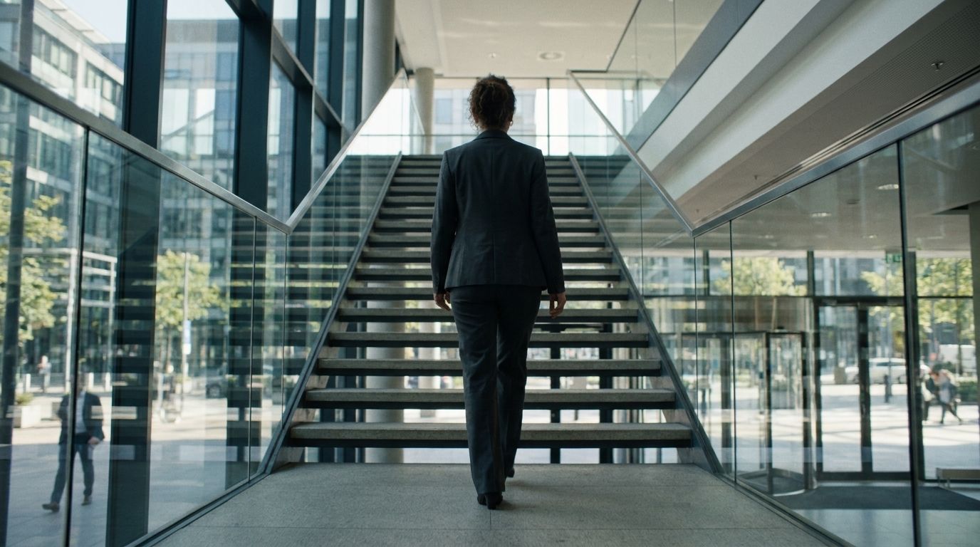 A person in a dark suit climbing an open stair inside a glazed office lobby, seen from behind.