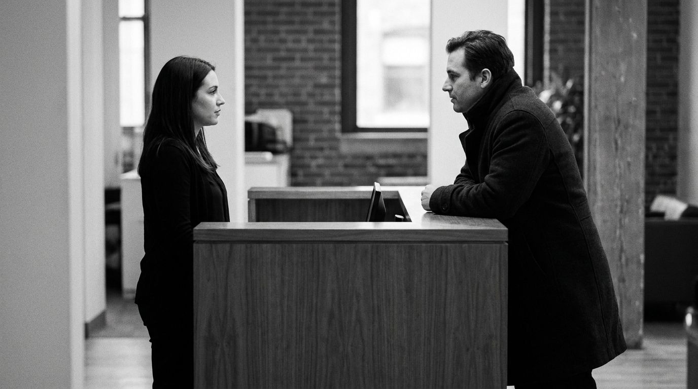 Two people talking across a wooden reception counter in an office lobby.