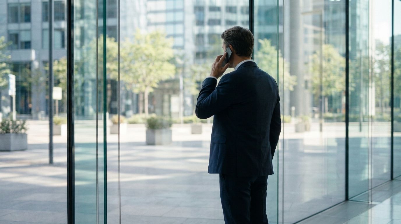 A person in a dark suit standing at a full height window with a phone to their ear, seen from behind.