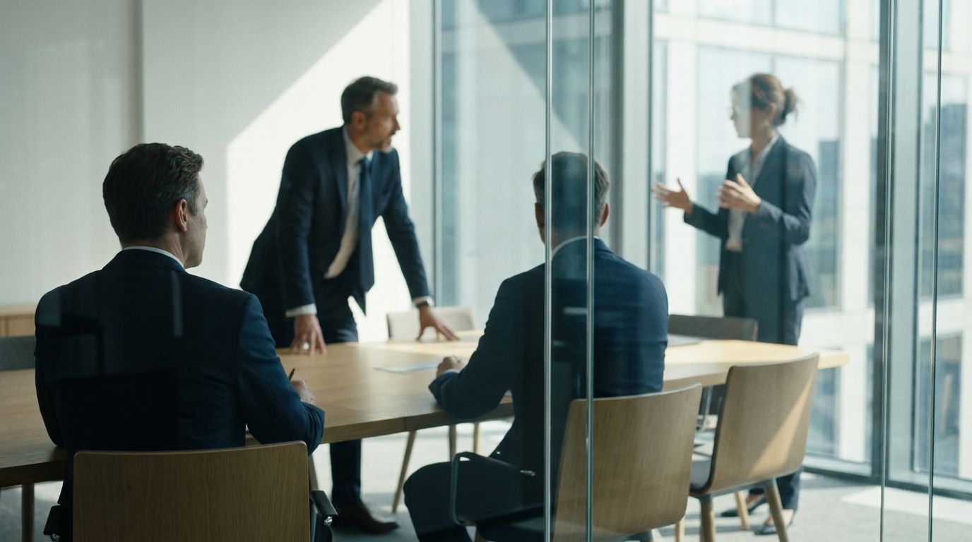 Four people at a boardroom table behind a glass wall, one of them standing to speak.