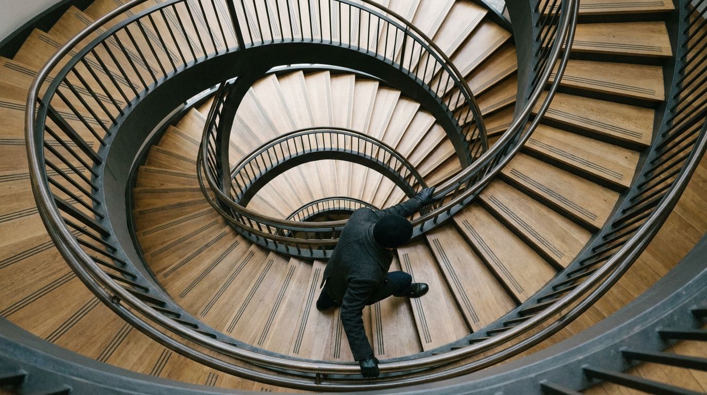 A spiral staircase photographed from above, with one person part of the way down it.