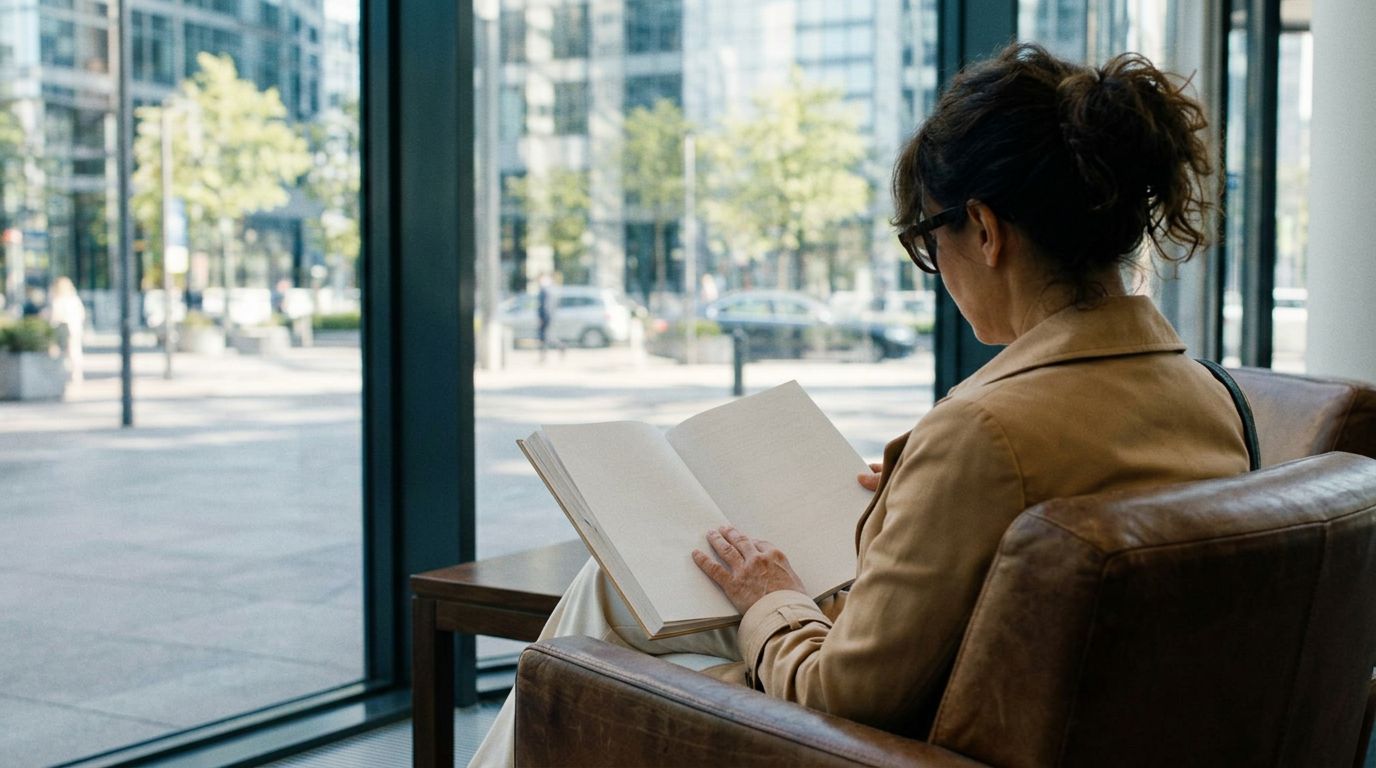 A person reading an open book in a leather armchair beside a full height window.