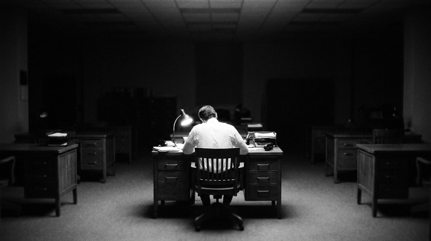 One person working alone at a desk under a lamp, seen from behind, in a room of empty desks.