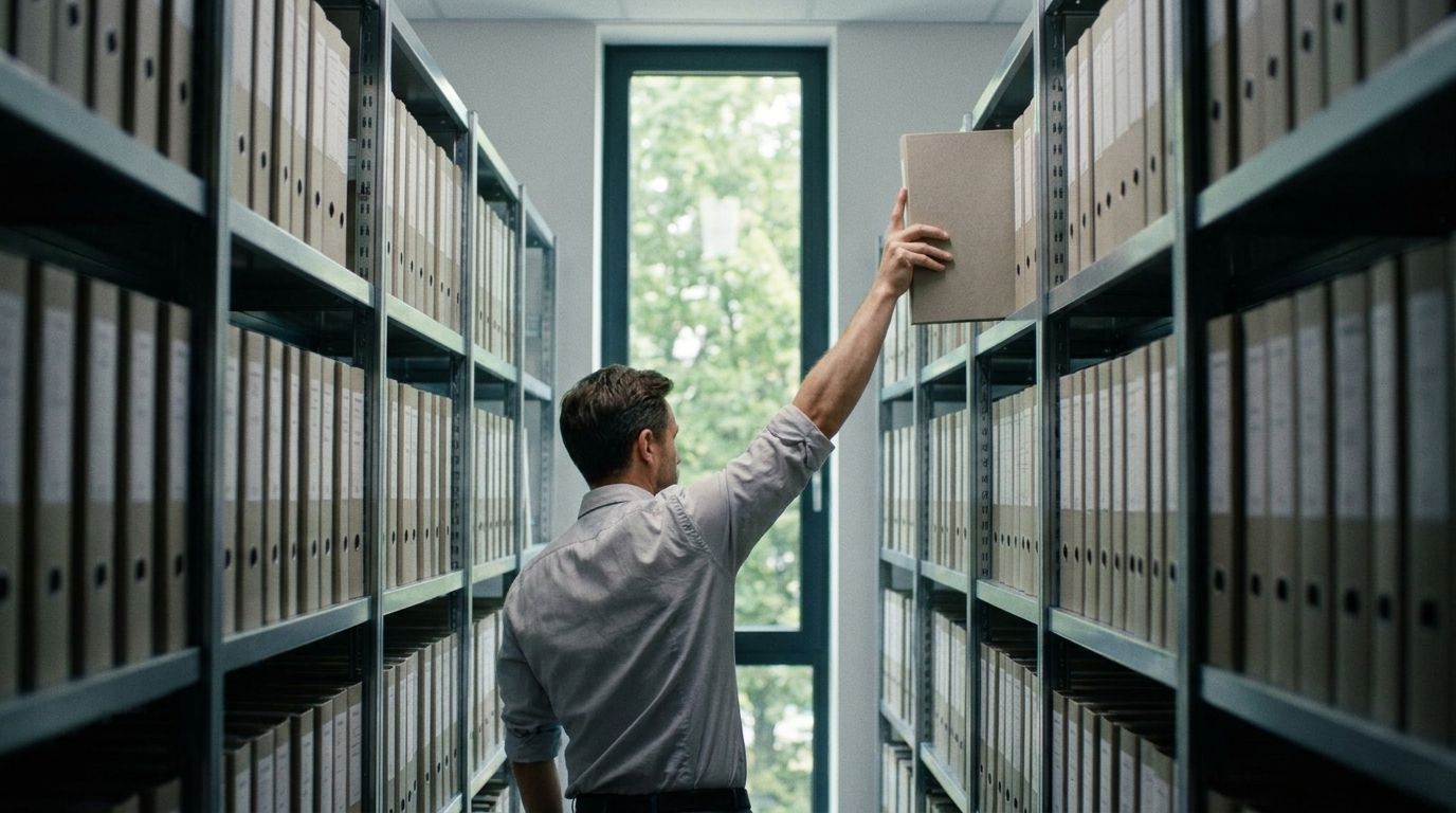 A person reaching a box file down from a tall shelf, in a long aisle of numbered binders.