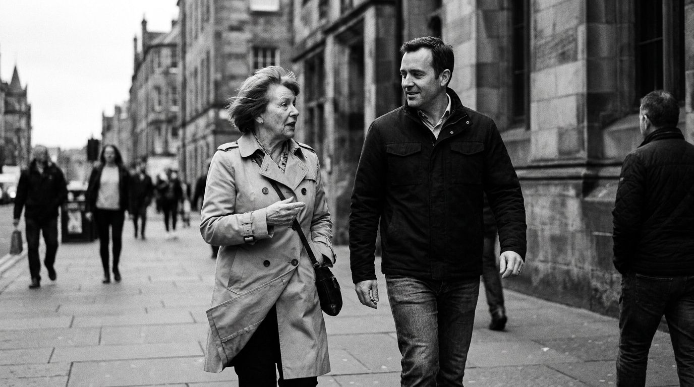 An older woman and a younger man walking together along a city street, talking as they go.