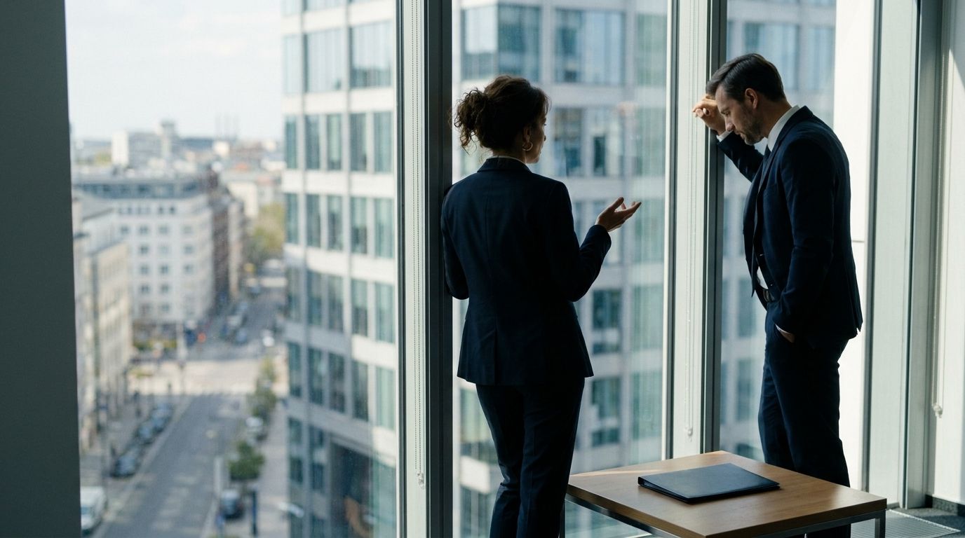 Two people talking at a high window above a street, a closed folder on the table beside them.