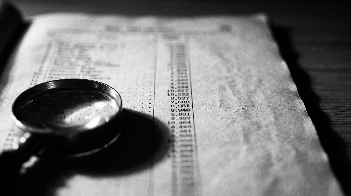A magnifying glass lying on a printed table of figures, on a dark wooden desk.