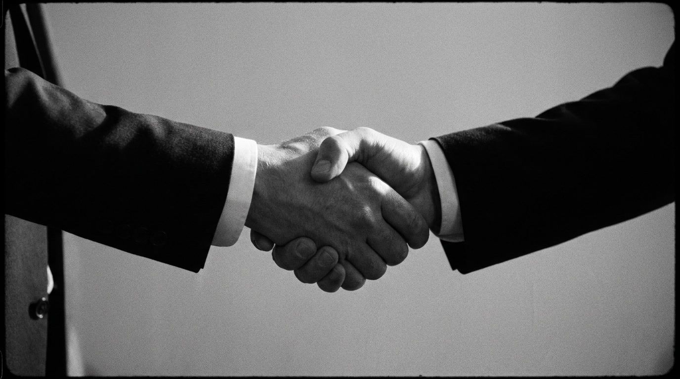 Two people in dark suits shaking hands, framed so close that only their arms are in the picture.