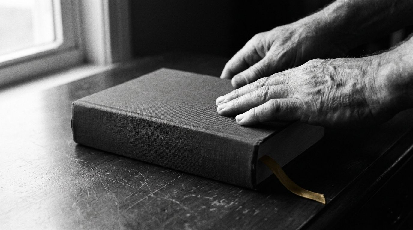 A pair of aged hands resting on a closed cloth-bound book on a scratched wooden table beside a window.