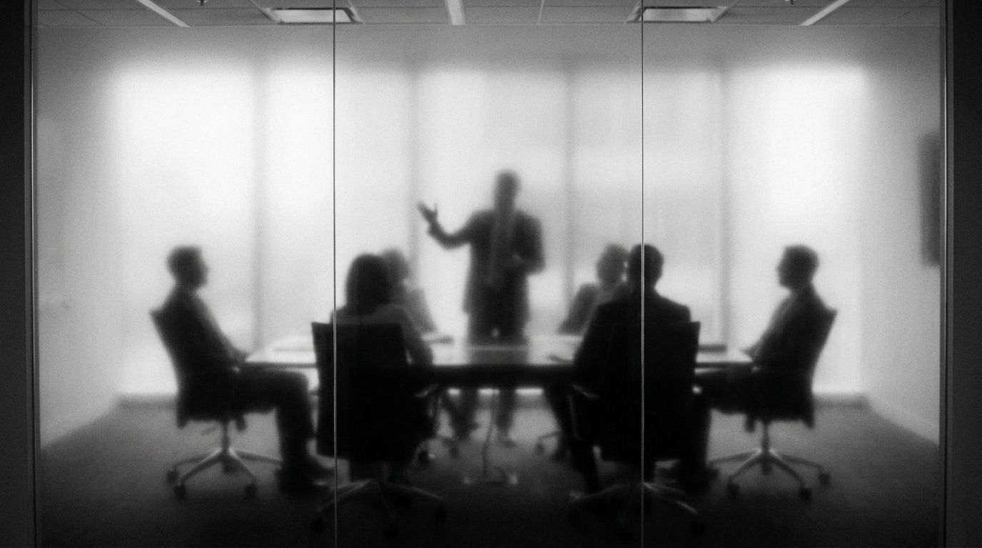 Figures around a boardroom table seen through frosted glass, one of them standing to speak.