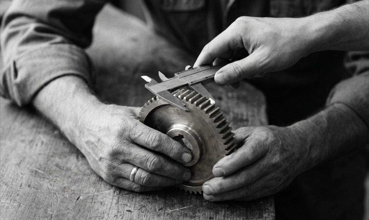 Two pairs of hands over a gear wheel on a workbench, one holding it steady and the other measuring it with a caliper.
